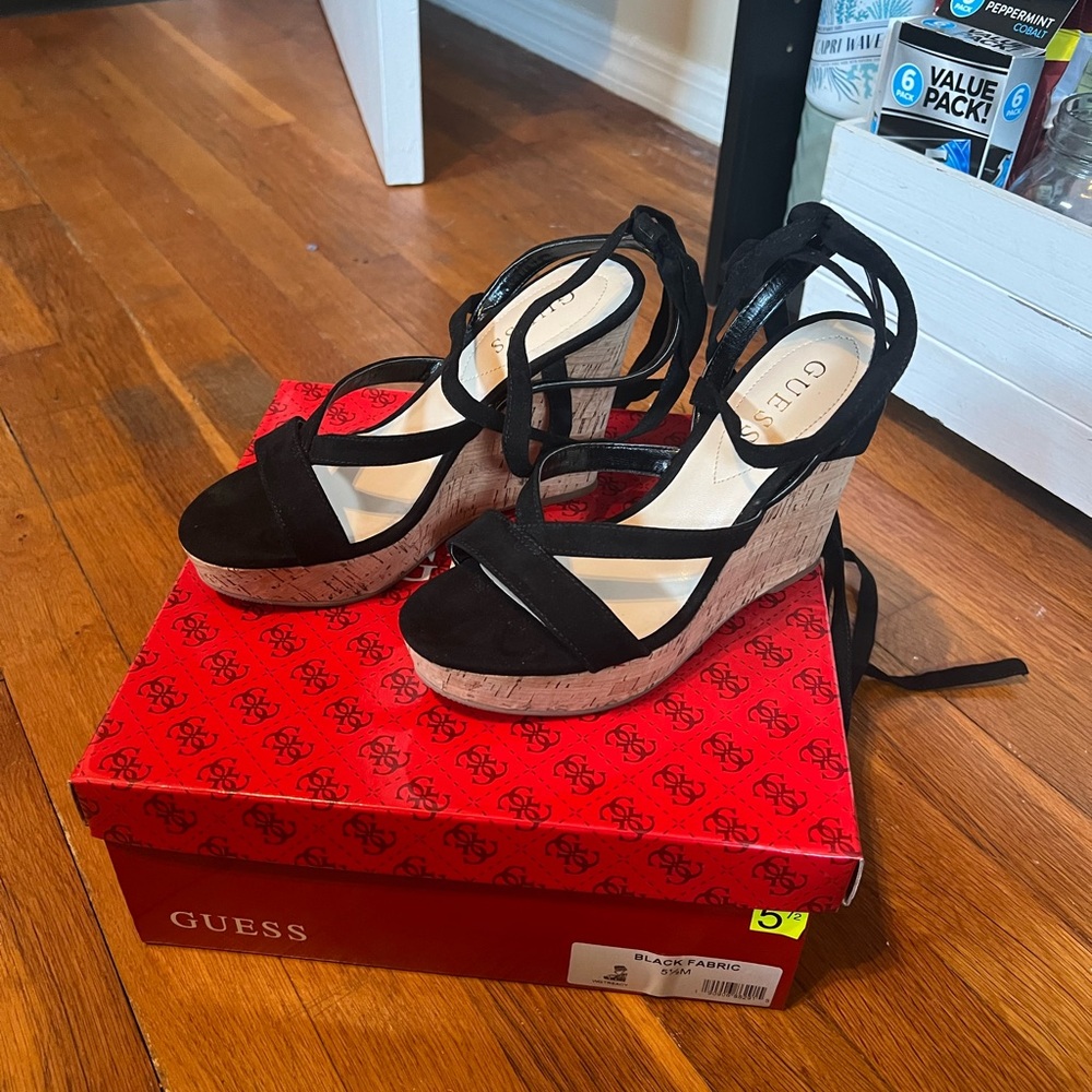 NEW IN BOX | Guess Black Fabric Wedges (Size 5.5)